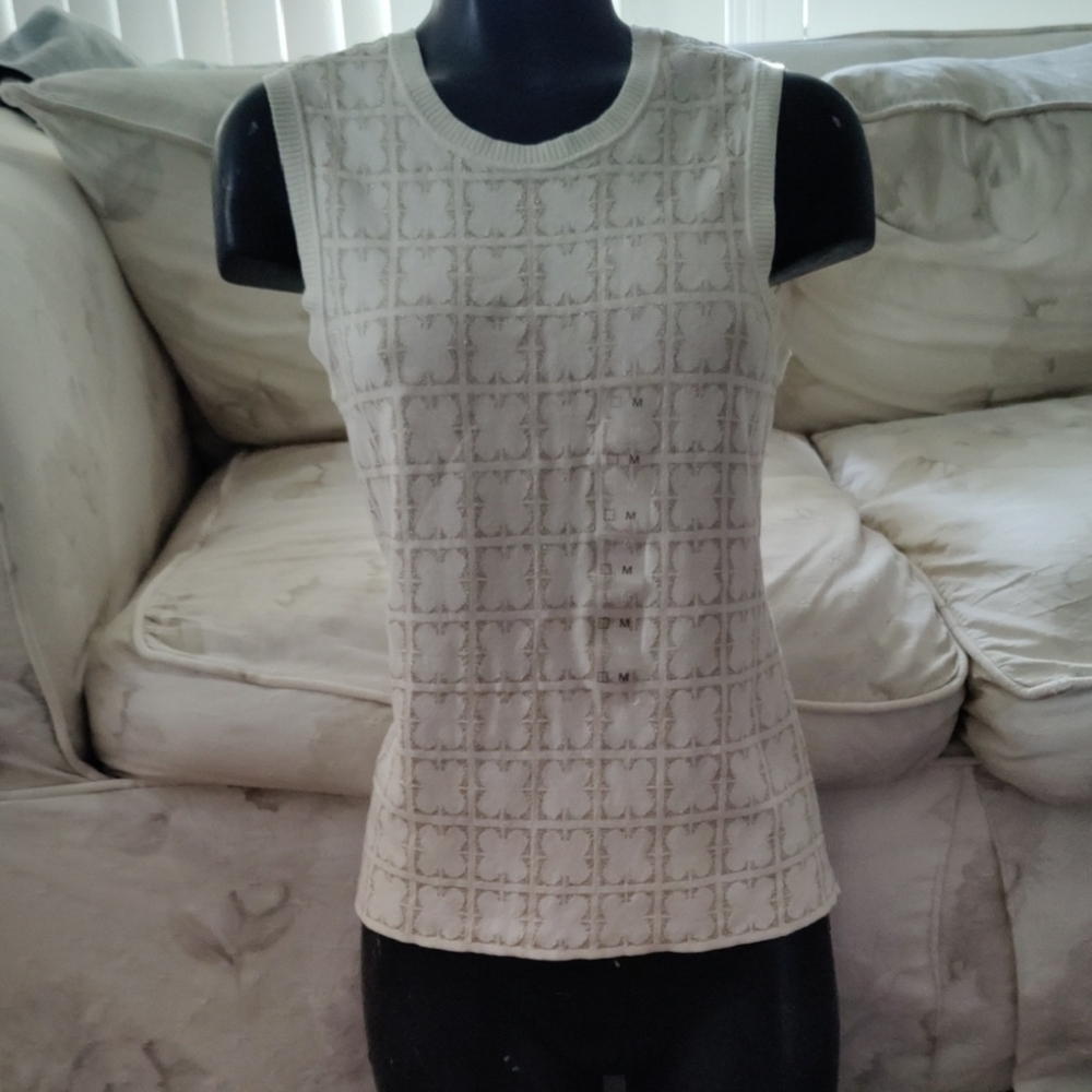 Liz Claiborne Sleeveless Cream Four Leaf Clover Metallic Top Sweater Vest Sz M